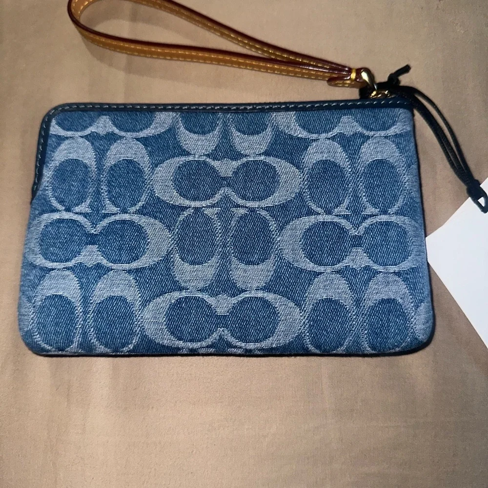 Coach Corner Zip Denim Wristlet with Embroidery